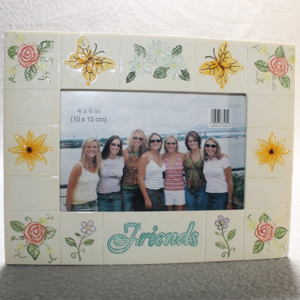 Young's Inc Friends Ceramic Photo Frame 4x6 Cream Floral Butterfly Vintage Style